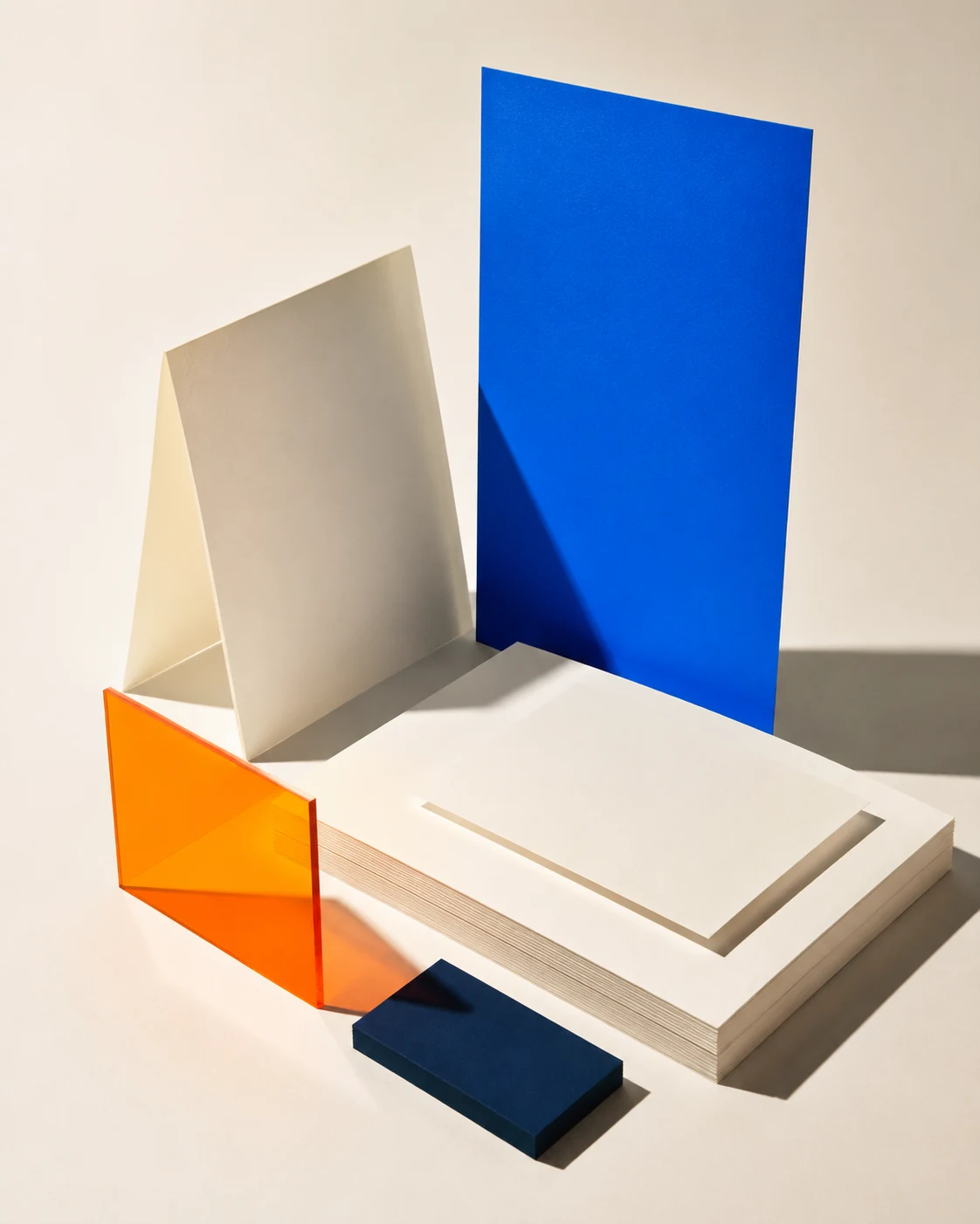 Blue and orange creative stationery arranged in a bright studio